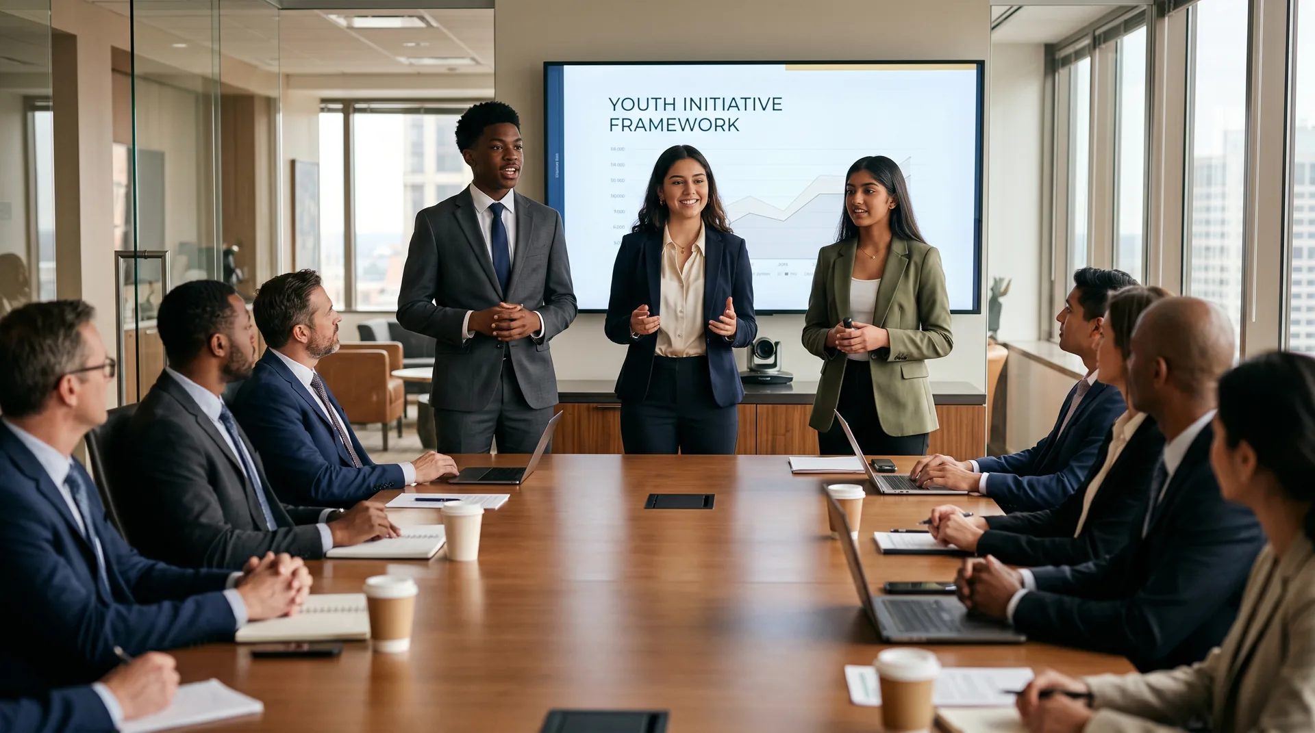 Whetstone students presenting in a corporate boardroom