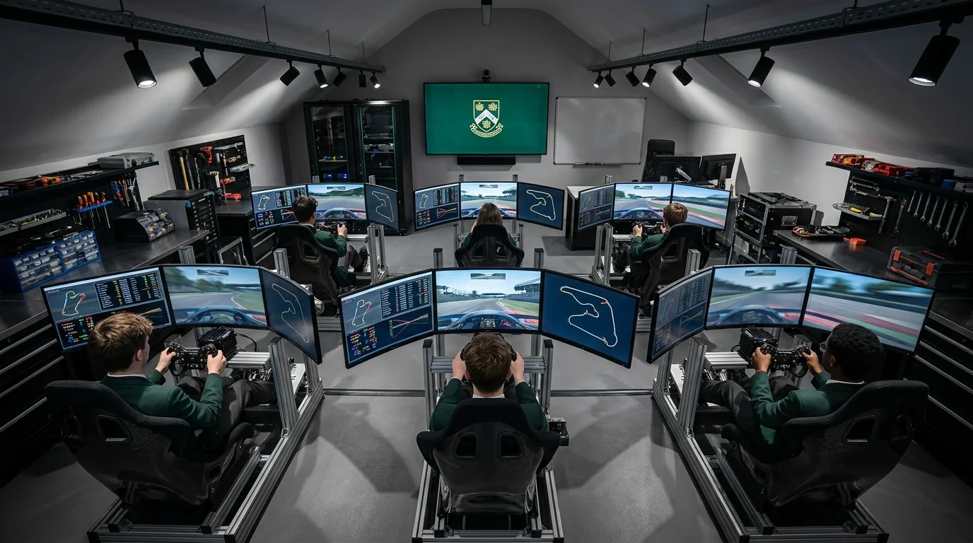 Students at professional racing simulation rigs in the Whetstone Racing Simulation Lab