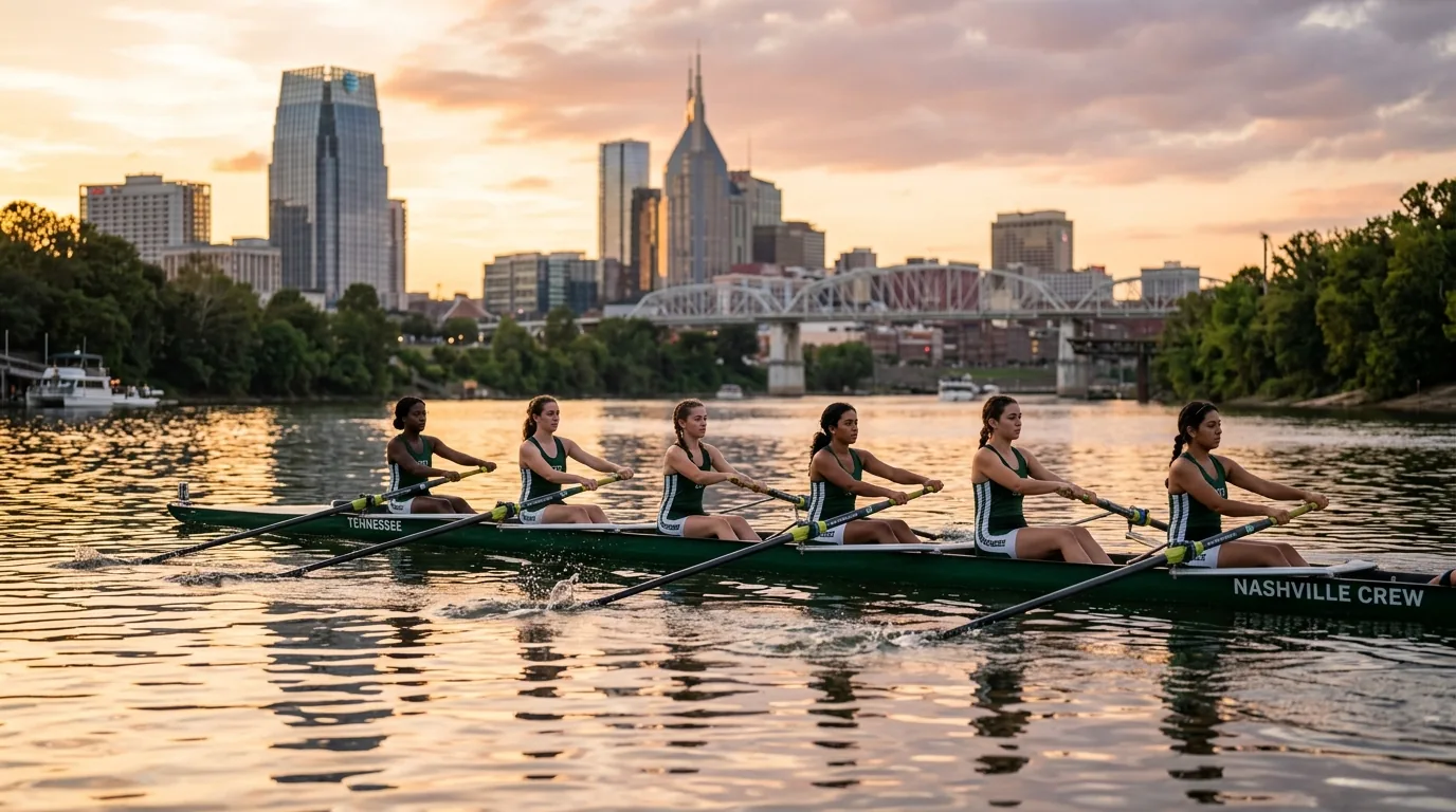 Whetstone crew rowing on the Cumberland River at golden hour