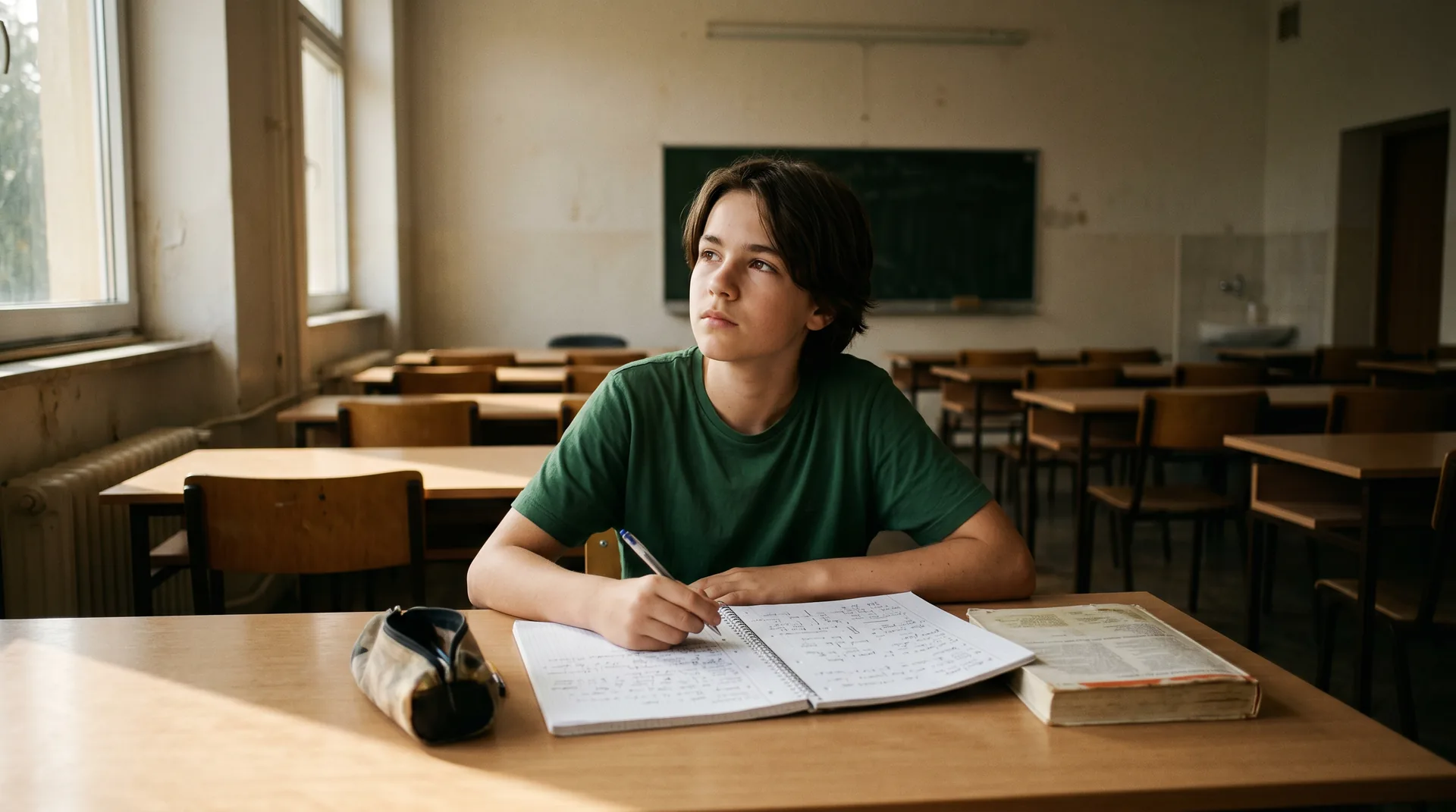 A Whetstone student in the Still Hour — no screen, deep thought